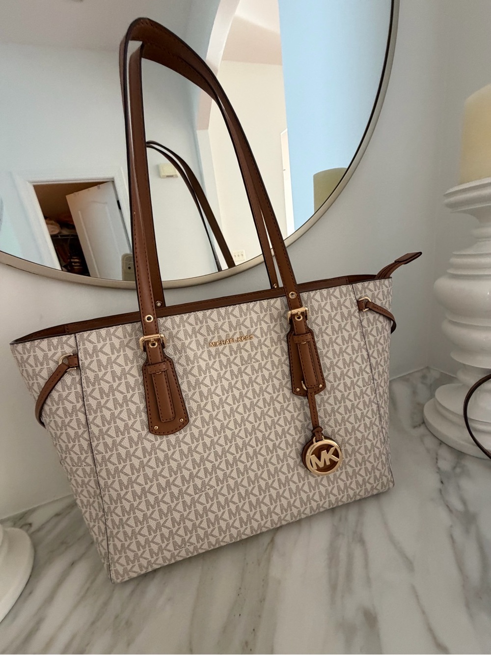 Michael Kors Cream and Brown MK Signature Shoulder Tote - Picture 2 of 11